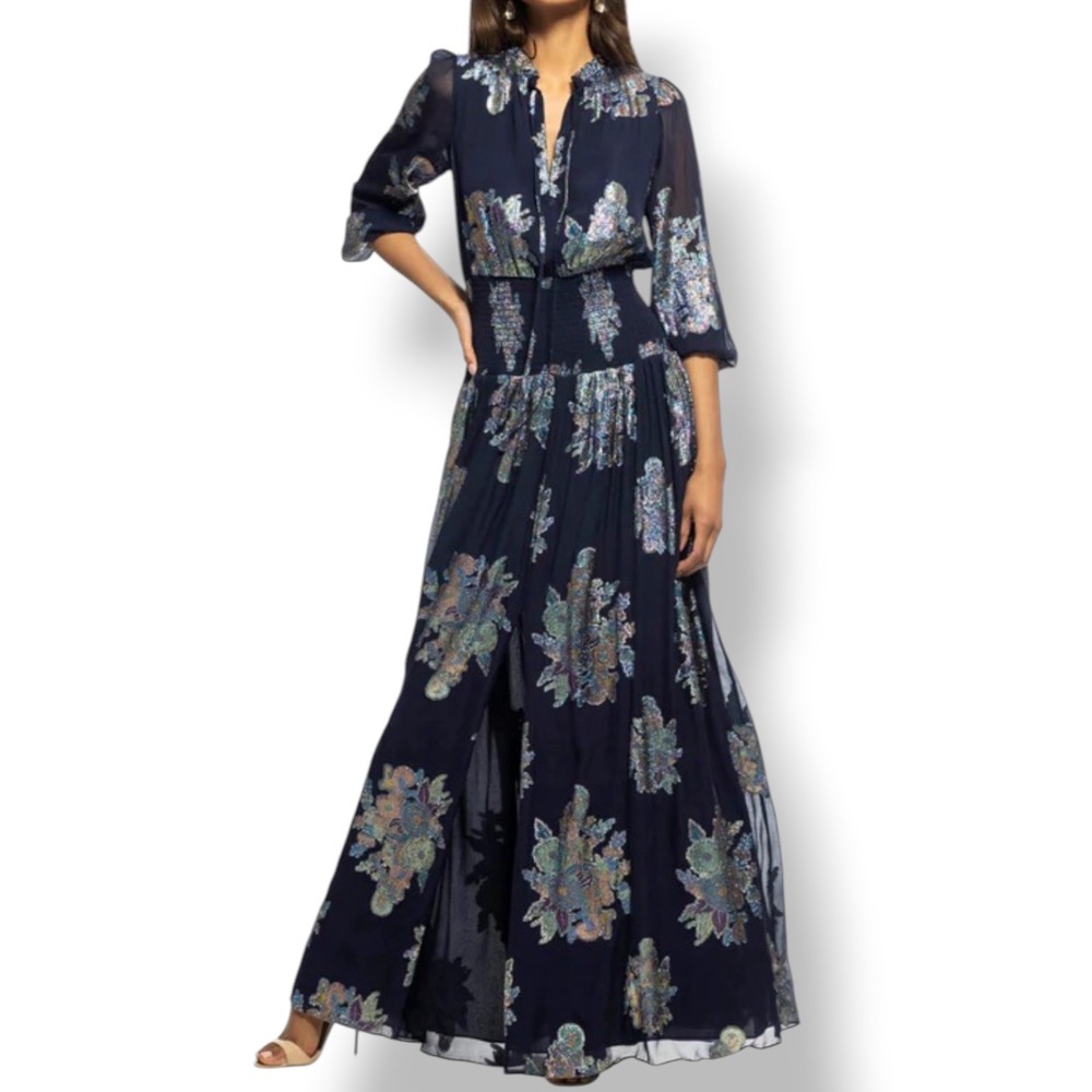 Shoshanna NWT Navy Metallic Floral Maxi Dress 8 Romantic Boho Formal Luxe Gown